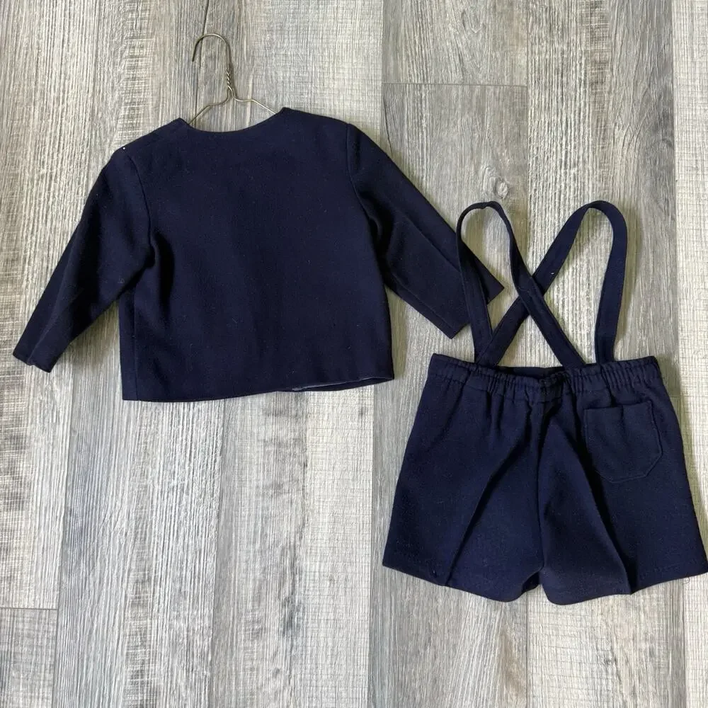 Vtg Toddler Boys Blazer Suspender Shorts Set Blue 3T Wool Toddlecrest Jacket